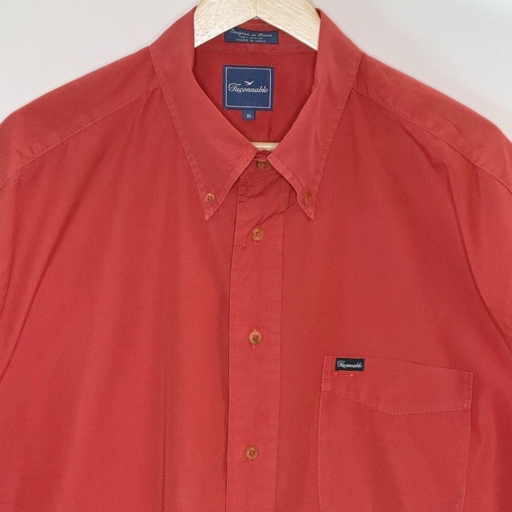 FACONNABLE Button Short Sleeve Shirt Men's XL Red Button Collar Pocket Casual